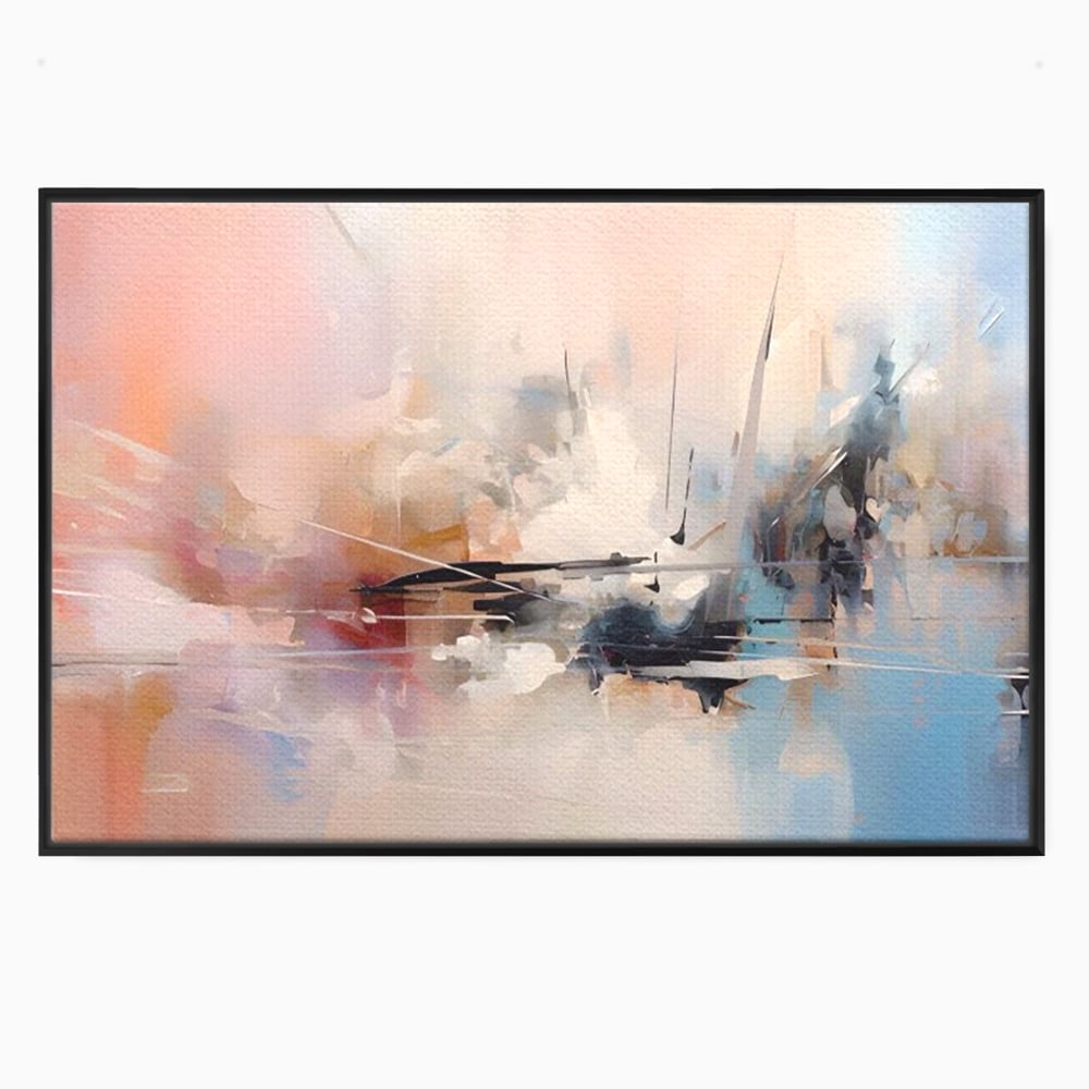 Tablou canvas cu pictura abstracta cu linii si pete pastel, in rama de aluminiu negru
